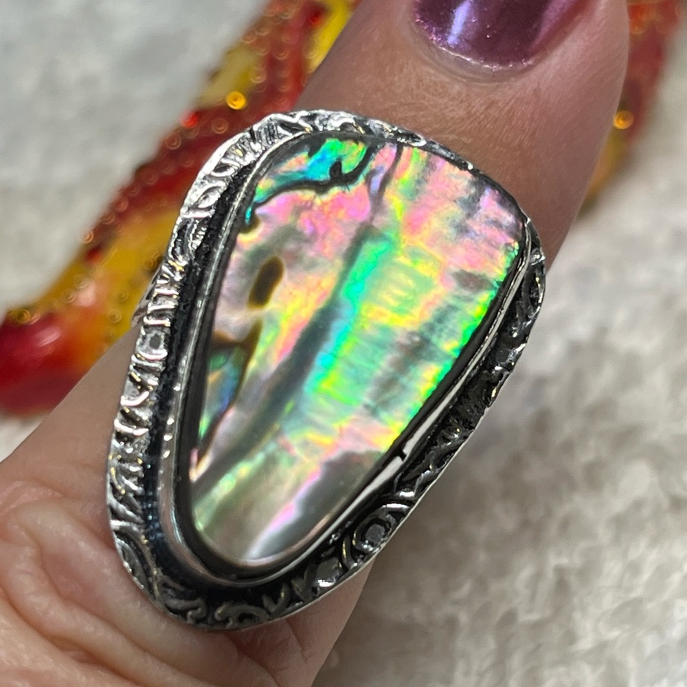 Abalone and sterling mother of pearl /shell ring -ethnic feel
